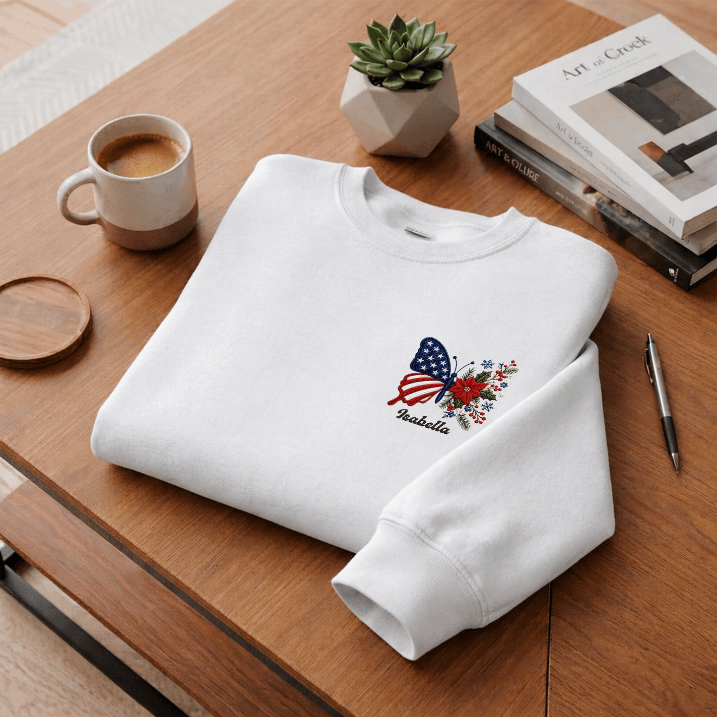 Personalized Patriotic Butterfly Embroidered Sweatshirt | Custom Name Christmas Holiday Crewneck Gift