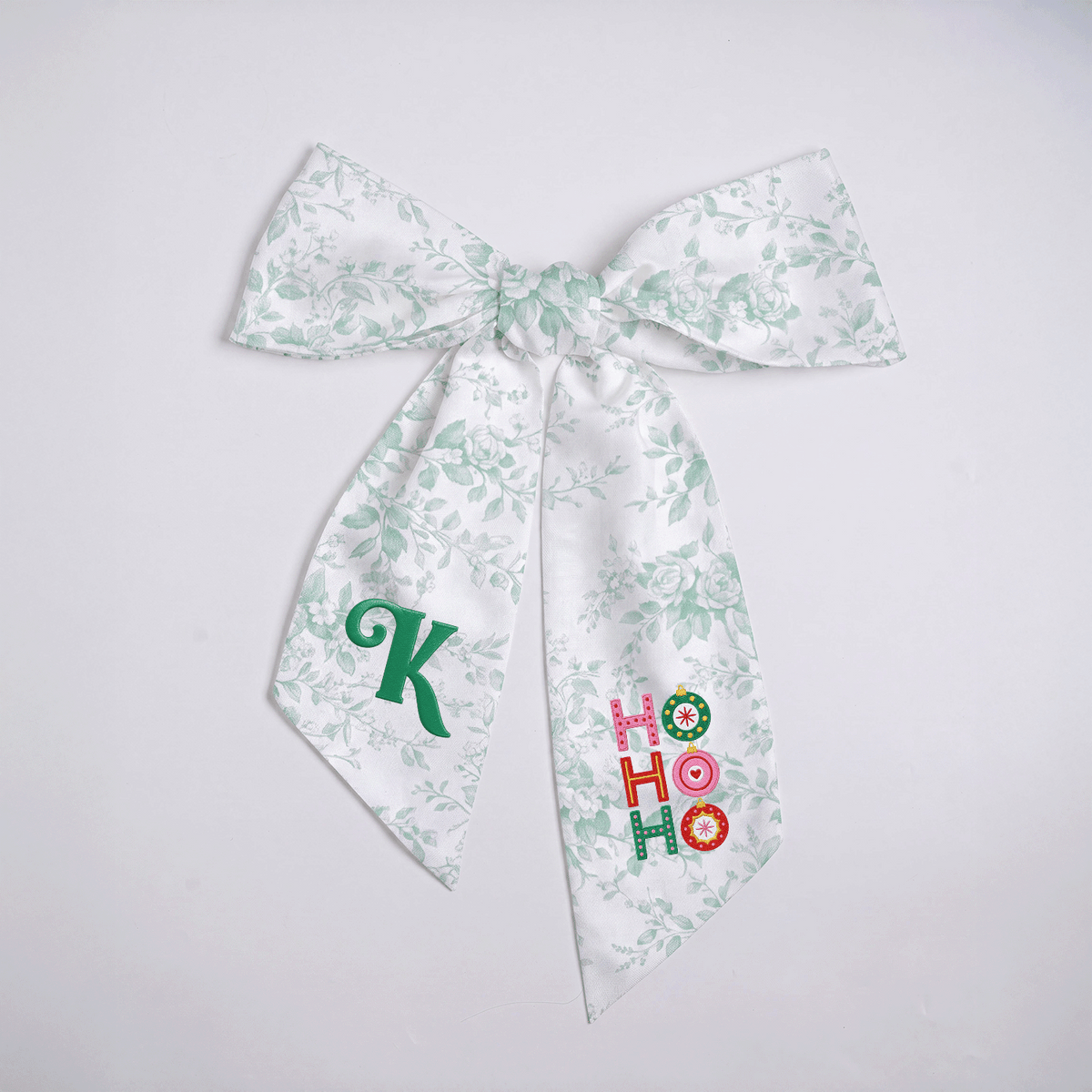 Custom Letter Christmas Ho Ho Ho Embroidered Linen Wreath Sash, Personalized Monogram Festive Ornament Bow Sash for Front Door Decor