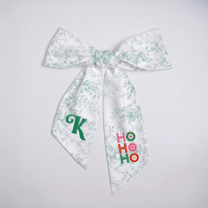 Custom Letter Christmas Ho Ho Ho Embroidered Linen Wreath Sash, Personalized Monogram Festive Ornament Bow Sash for Front Door Decor