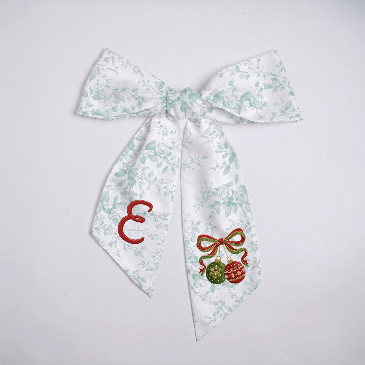 Custom Monogram Christmas Ornaments Embroidered Linen Door Wreath Sash, Personalized Initial Red Green Baubles Ribbon Holiday Wreath Sash & Front Door Decor