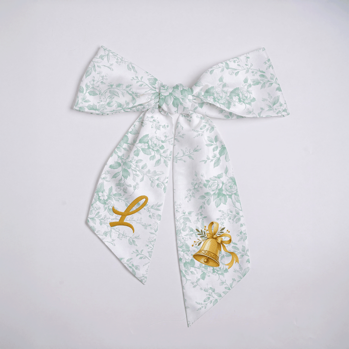 Custom Letter Golden Christmas Bell Embroidered Linen Wreath Sash, Personalized Monogram Holiday Bow Sash for Door Decor