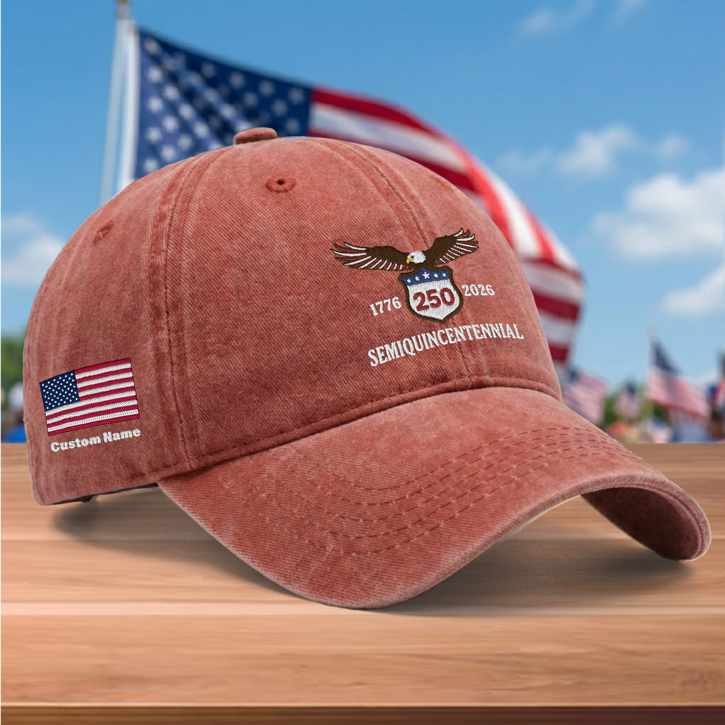 USA 250th Semiquincentennial 1776-2026 Eagle Embroidered Washed Denim Baseball Cap – Custom Name Patriotic Anniversary Hat