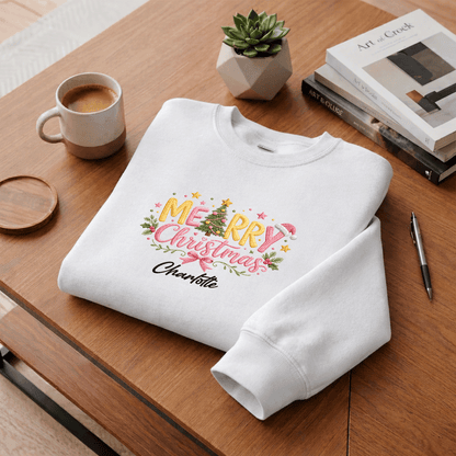 Personalized Embroidered Merry Christmas Typography Sweatshirt with Custom Name