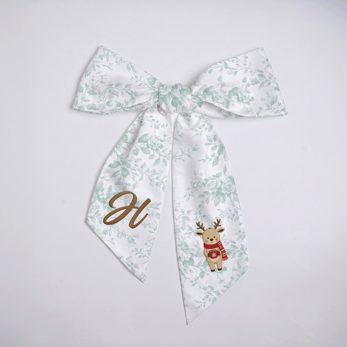 Custom Letter Christmas Reindeer Embroidered Linen Wreath Sash, Personalized Monogram Holiday Bow Sash for Door Decor