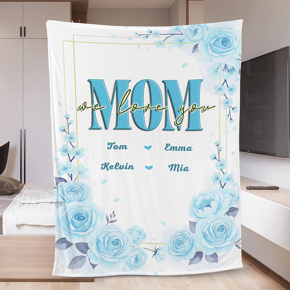 Mom, We Love You – Heartfelt Mother’s Day Gift from Kids – Personalized Floral Heart Blanket