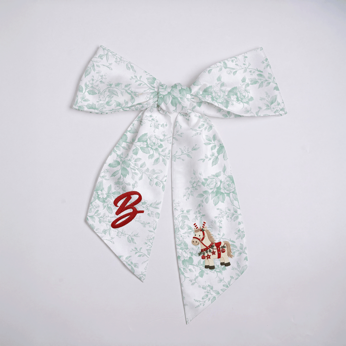 Custom Letter Christmas Rocking Horse Embroidered Linen Wreath Sash, Personalized Monogram Holiday Bow Sash for Door Decor