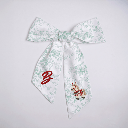 Custom Letter Christmas Rocking Horse Embroidered Linen Wreath Sash, Personalized Monogram Holiday Bow Sash for Door Decor