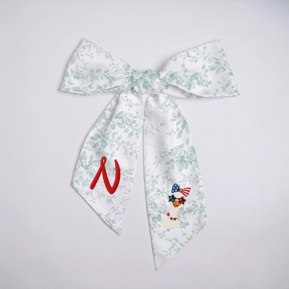 Custom Monogram Patriotic Goose Embroidered Linen Door Wreath Sash, Personalized Initial Bow Goose Gingham Holiday Wreath Sash & Front Door Decor