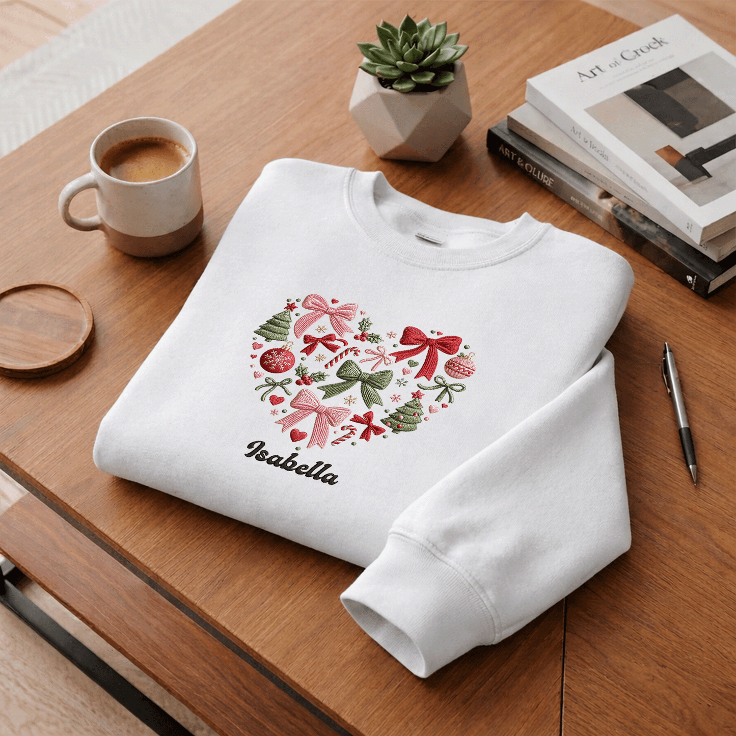 Personalized Embroidered Christmas Heart Wreath Sweatshirt with Custom Name