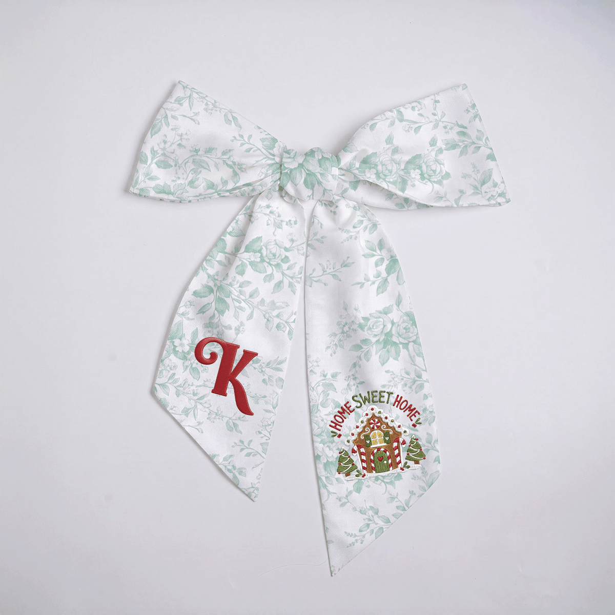 Custom Letter Gingerbread House Home Sweet Home Embroidered Linen Wreath Sash, Personalized Monogram Holiday Bow Sash for Door Decor