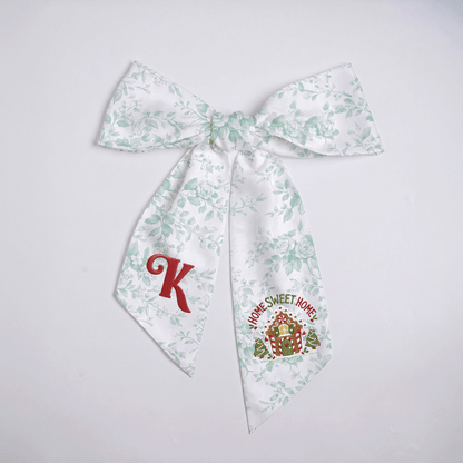 Custom Letter Gingerbread House Home Sweet Home Embroidered Linen Wreath Sash, Personalized Monogram Holiday Bow Sash for Door Decor