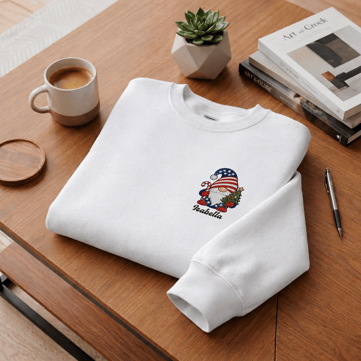 Personalized Patriotic Christmas Gnome Embroidered Sweatshirt | Custom Name Holiday Crewneck Gift