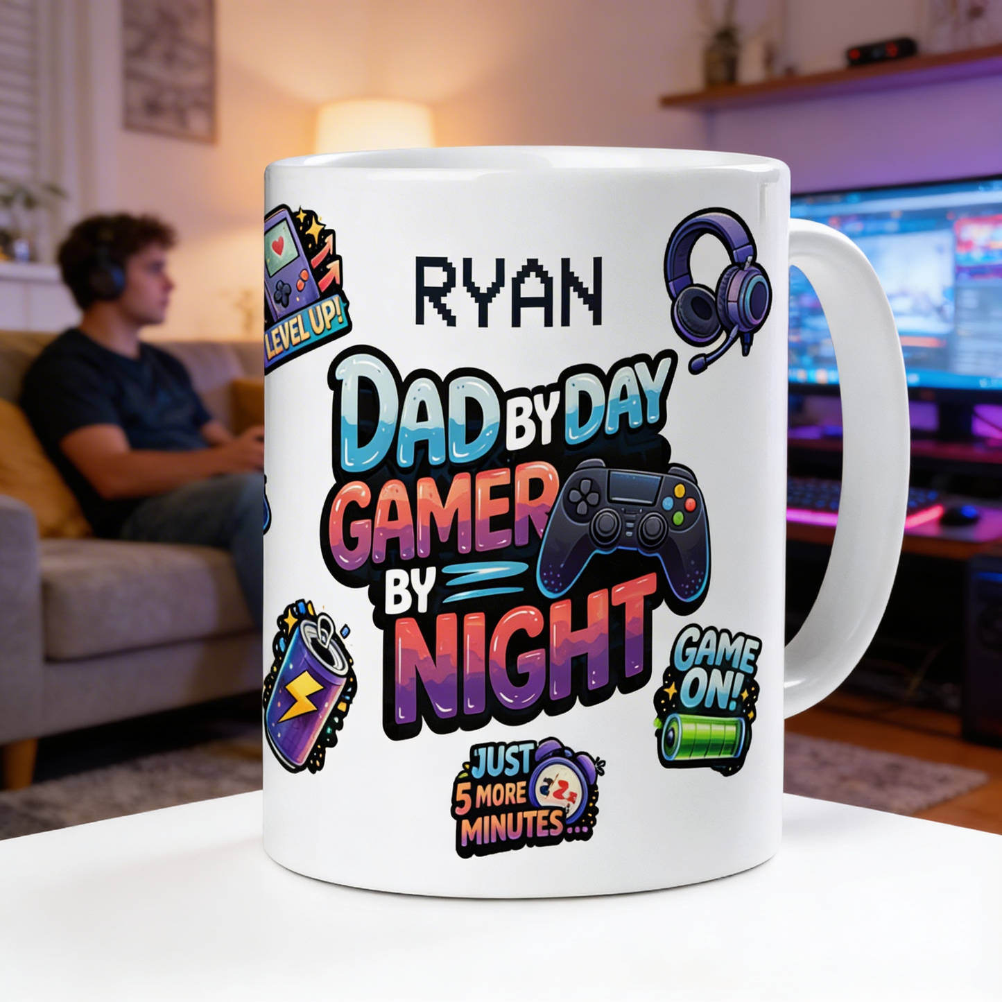 Personalized Gamer Dad Mug – Dad by Day Gamer by Night Custom Name Coffee Mug
