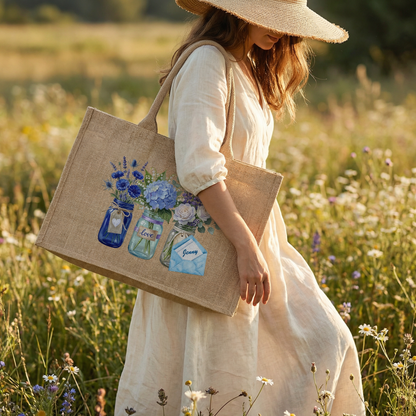 Personalized Blue Blossom Linen Handbag – Family Love Gift