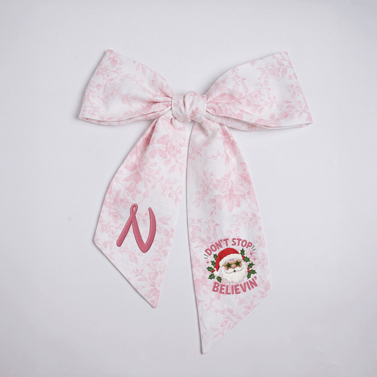 Custom Monogram Don't Stop Believin' Santa Embroidered Linen Door Wreath Sash, Personalized Initial Star Sunglasses Santa Quote Holiday Wreath Sash & Front Door Decor