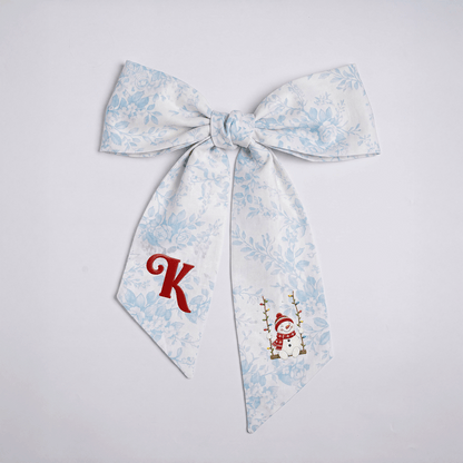 Custom Letter Snowman on Swing Embroidered Linen Wreath Sash, Personalized Monogram Holiday Bow Sash for Door Decor