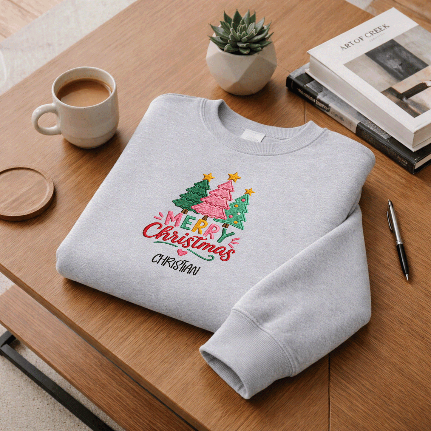 Personalized Embroidered Merry Christmas Trees Sweatshirt, Custom Name Holiday Pullover