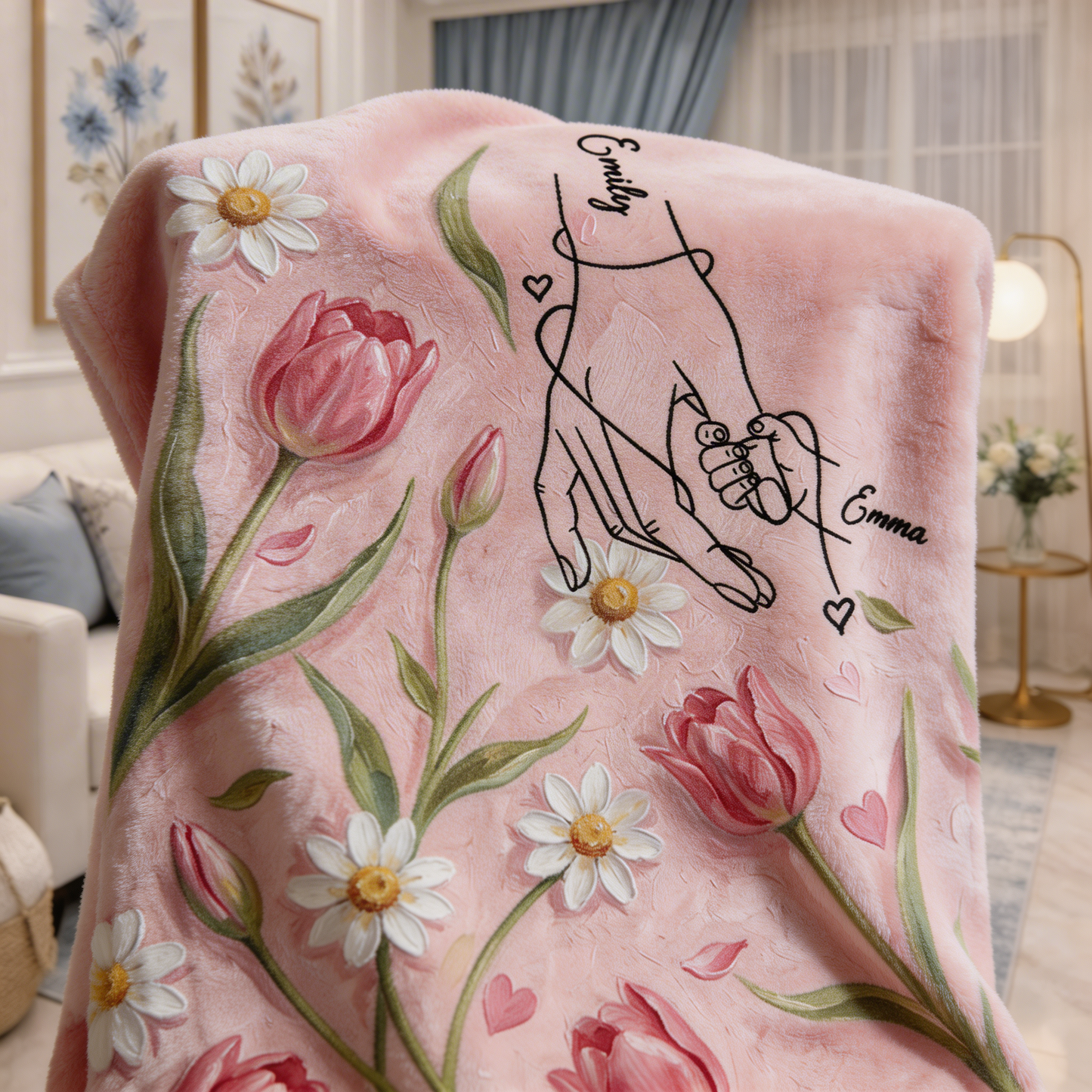 Personalized Mom Blanket with Names – Custom Holding Hands Design Gift for Mother