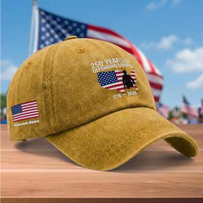 250 Years of Defending Liberty 1776-2026 Embroidered Washed Denim Baseball Cap – Custom Name Patriotic USA Military Anniversary Hat