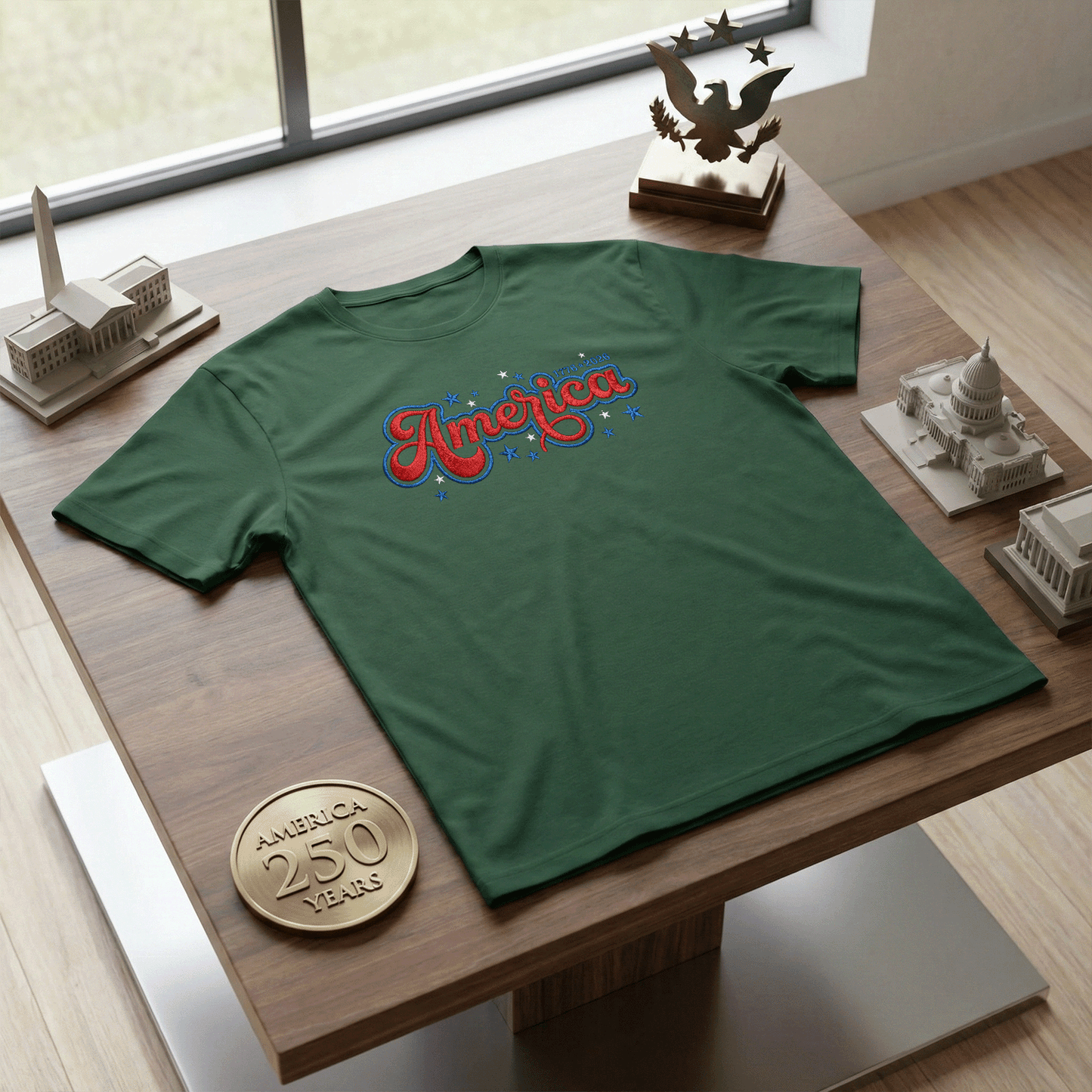 USA 250 Freedom - Embroidered T-Shirt 1776-2026 Patriotic Design