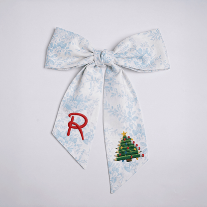 Custom Monogram Pencil Christmas Tree Embroidered Linen Door Wreath Sash, Personalized Initial Teacher School Pencil Tree Lights Holiday Wreath Sash & Front Door Decor