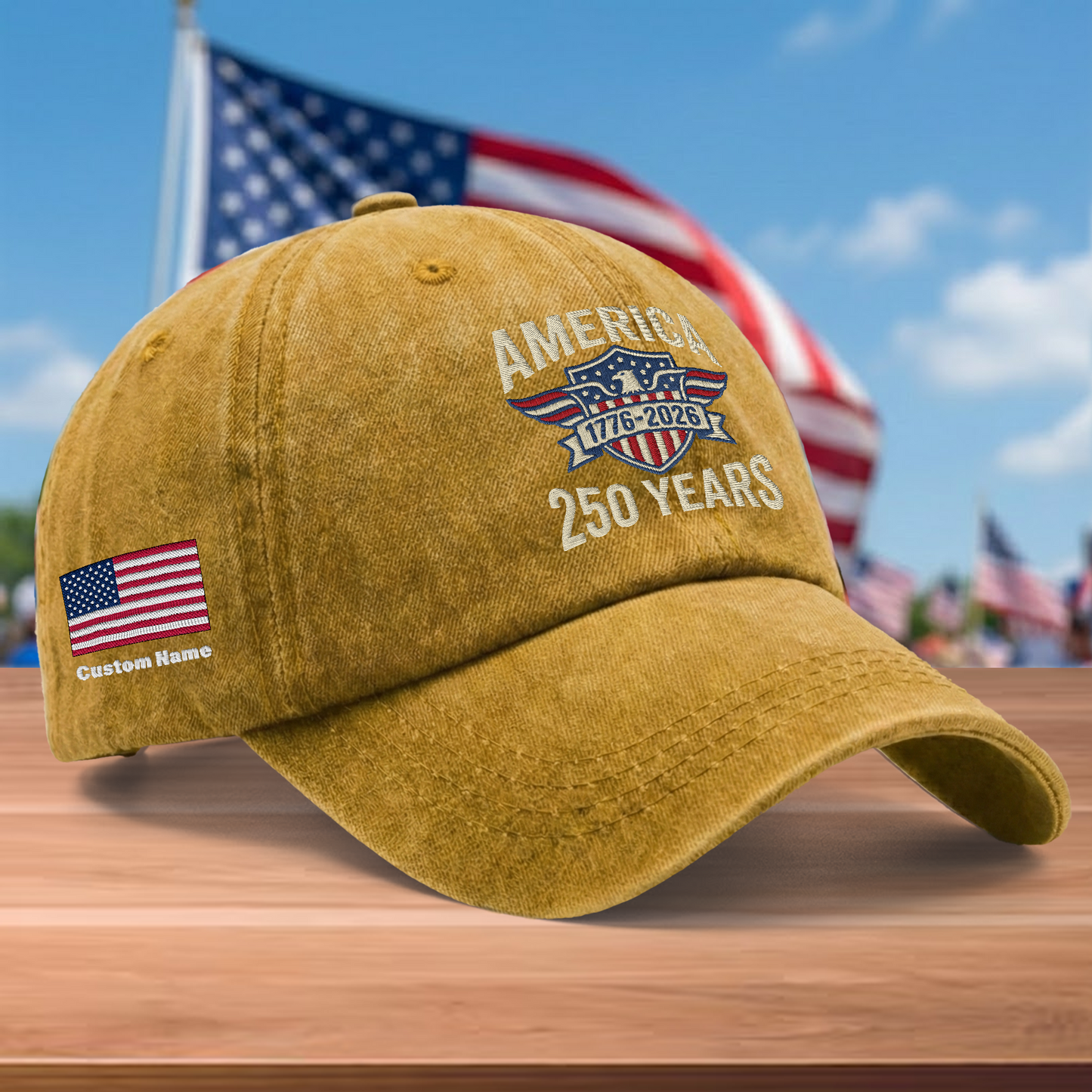 America 250th Anniversary 1776-2026 Embroidered Baseball Cap – Custom Name Patriotic USA Washed Denim Hat