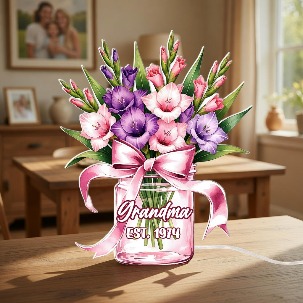 Personalized Acrylic Floral Night Light – Custom Flower Vase Lamp for Mom, LED Bedside Decor