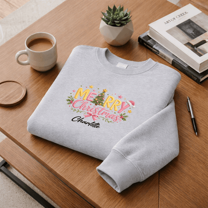 Personalized Embroidered Merry Christmas Typography Sweatshirt with Custom Name