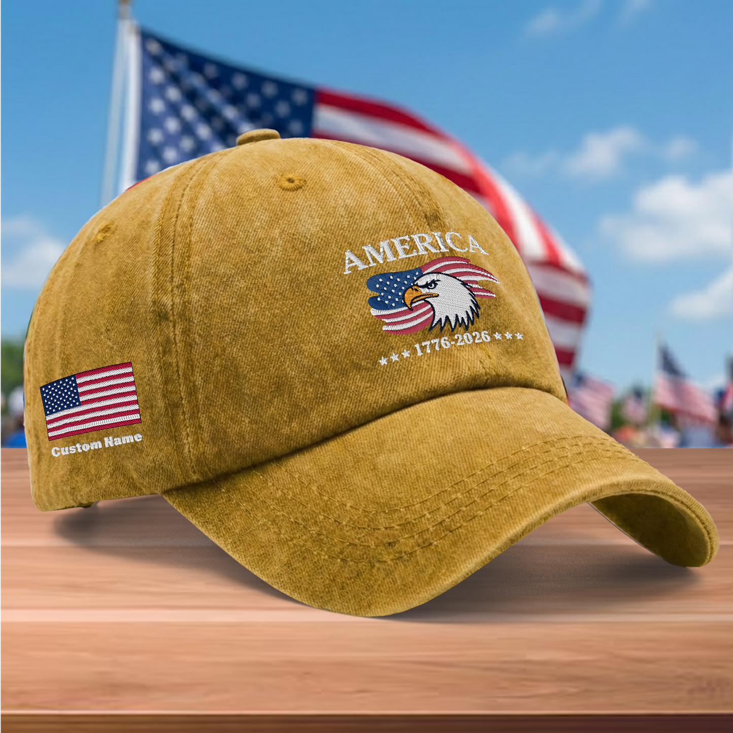 America 250 Years 1776-2026 Eagle Embroidered Washed Denim Baseball Cap – Custom Name Patriotic USA Anniversary Hat