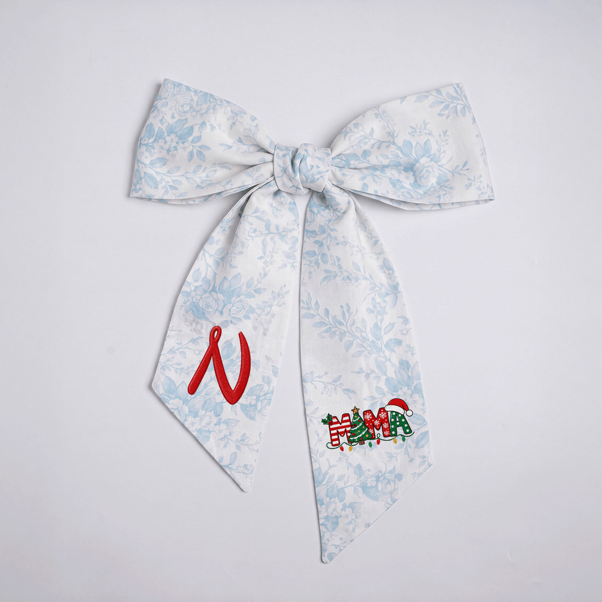 Custom Monogram Mama Embroidered Linen Door Wreath Sash, Personalized Initial Christmas Tree Lights Santa Hat Typography Holiday Wreath Sash & Front Door Decor