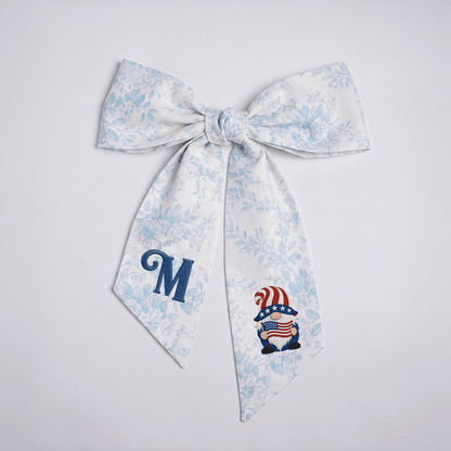 Custom Letter Patriotic Gnome American Flag Embroidered Linen Wreath Sash, Personalized Monogram 4th of July Bow Sash for Door Decor
