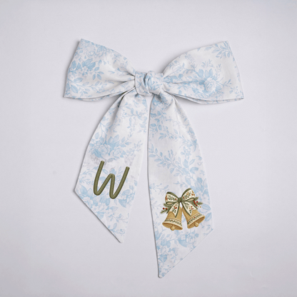 Personalized Monogram Golden Christmas Bells Embroidered Linen Door Wreath Sash, Custom Initial Holiday Wreath Bow Sash Decor, Festive Front Door Home Accessories