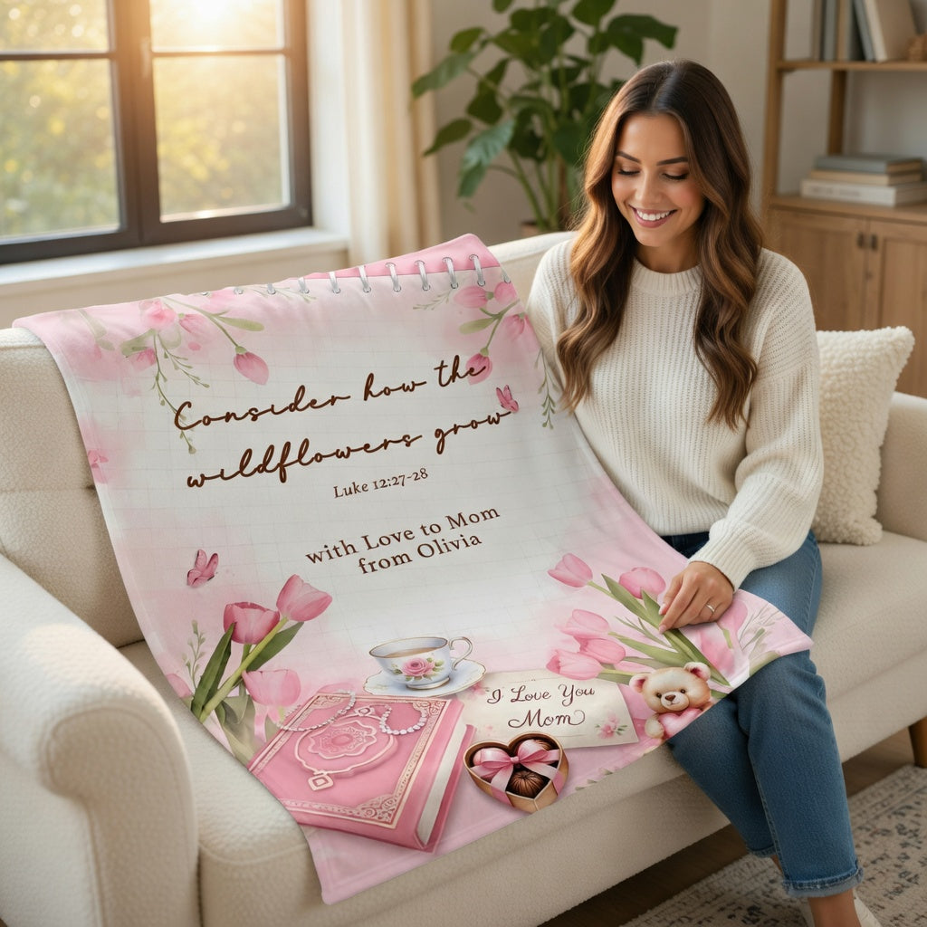 Personalized Christian Sherpa Blanket with Bible Verse – Floral Patchwork Faith Gift for Mom Daughter