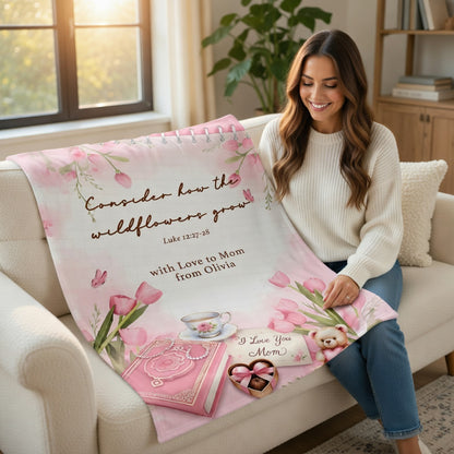 Personalized Christian Sherpa Blanket with Bible Verse – Floral Patchwork Faith Gift for Mom Daughter
