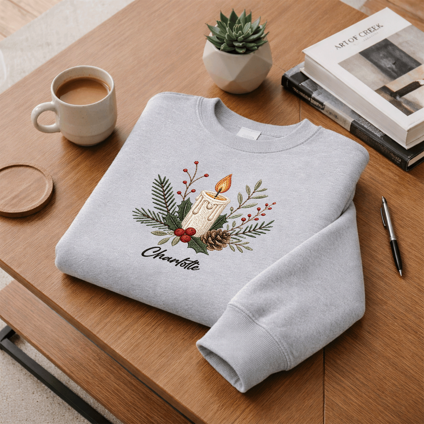Personalized Embroidered Christmas Candle Sweatshirt with Custom Name