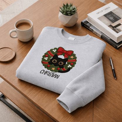 Personalized Embroidered Black Cat Christmas Wreath Sweatshirt with Custom Name