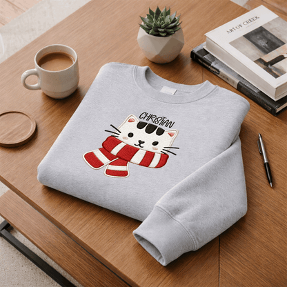 Personalized Embroidered Christmas Scarf Cat Sweatshirt with Custom Name