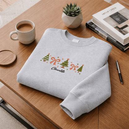 Personalized Embroidered Christmas Trees & Bows Sweatshirt with Custom Name