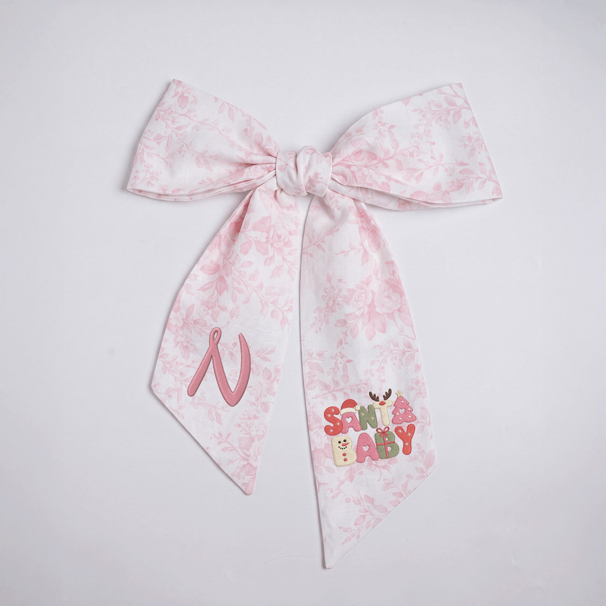 Custom Monogram Santa Baby Embroidered Linen Door Wreath Sash, Personalized Initial Retro Typography Reindeer Pink Tree Holiday Wreath Sash & Front Door Decor
