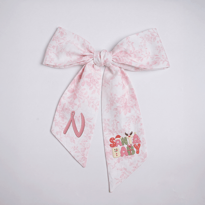 Custom Monogram Santa Baby Embroidered Linen Door Wreath Sash, Personalized Initial Retro Typography Reindeer Pink Tree Holiday Wreath Sash & Front Door Decor
