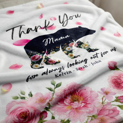 Personalized Mama Bear Sherpa Blanket – Floral Fleece Throw Gift for Mom with Custom Name