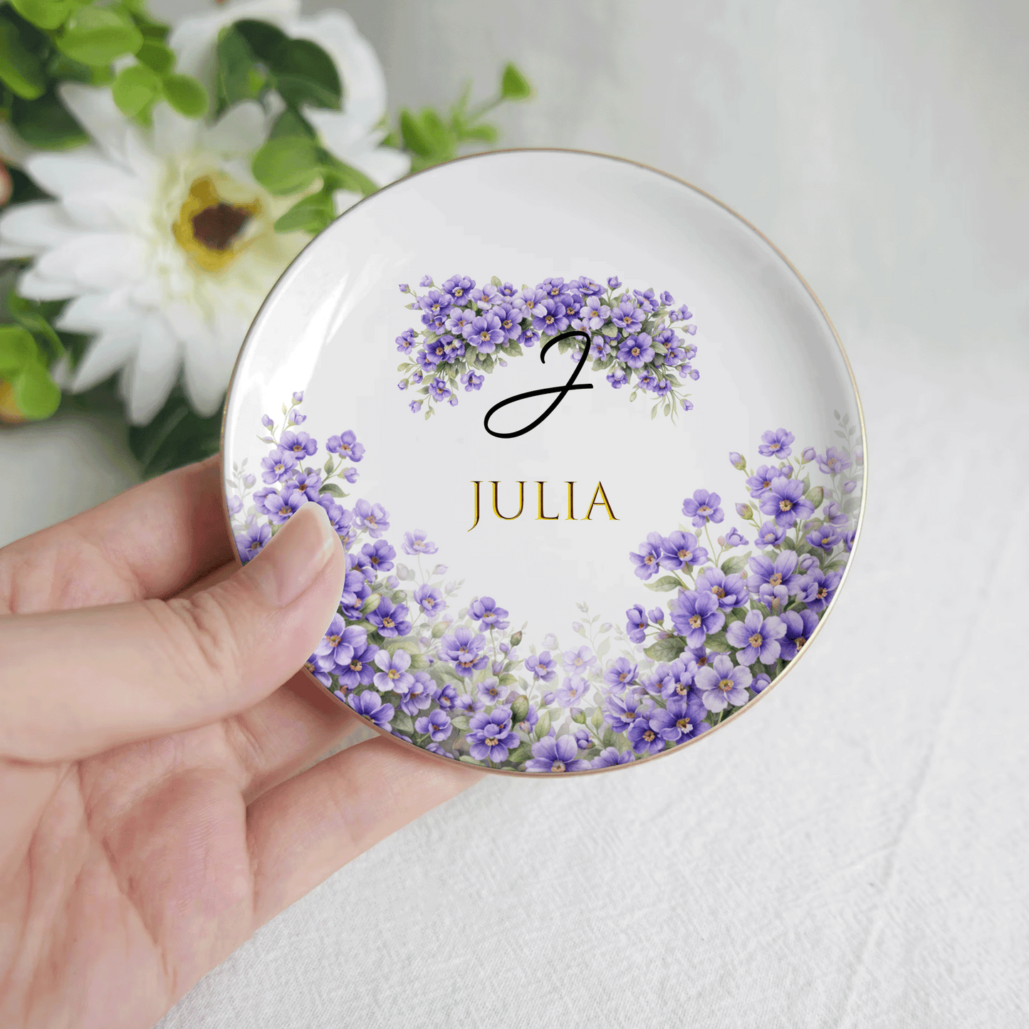 Personalized Birth Month Flower Ring Dish Custom Name Jewelry Trinket Dish