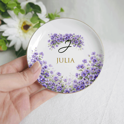 Personalized Birth Month Flower Ring Dish Custom Name Jewelry Trinket Dish