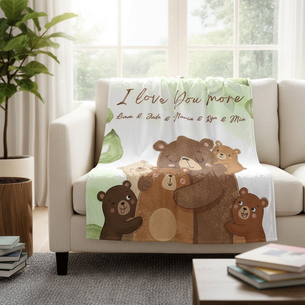 Personalized Mama Bear Sherpa Blanket with Grandchildren Names – Custom Floral Fleece Gift for Mom