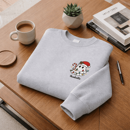 Personalized Cute Christmas Ghost Embroidered Sweatshirt, Custom Name Spooky Holiday Crewneck, Funny Christmas Ghost Sweatshirt Gift