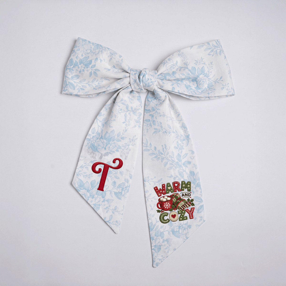 Custom Letter Warm and Cozy Embroidered Linen Wreath Sash, Personalized Monogram Christmas Winter Bow Sash for Front Door Decor