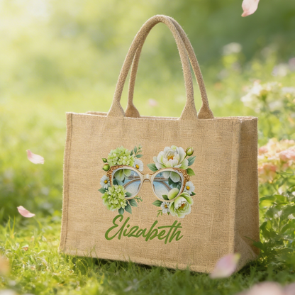 Personalized Sunglass Floral Linen Tote – Custom Name Bag