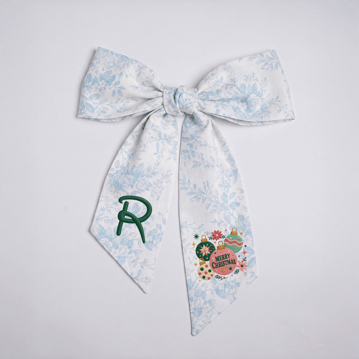 Custom Monogram Merry Christmas Ornaments Embroidered Linen Door Wreath Sash, Personalized Initial Festive Baubles Floral Holiday Wreath Sash & Front Door Decor