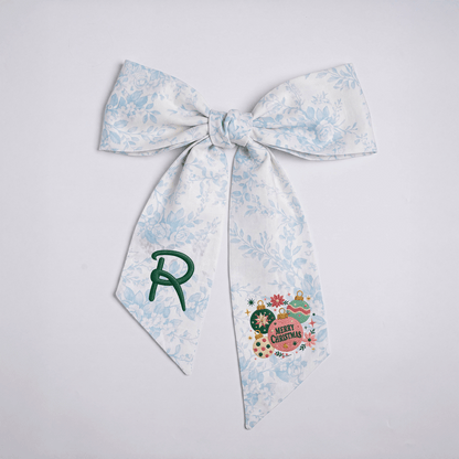 Custom Monogram Merry Christmas Ornaments Embroidered Linen Door Wreath Sash, Personalized Initial Festive Baubles Floral Holiday Wreath Sash & Front Door Decor