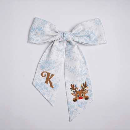 Custom Letter Reindeer Christmas Lights Embroidered Linen Wreath Sash, Personalized Monogram Holiday Bow Sash for Door Decor